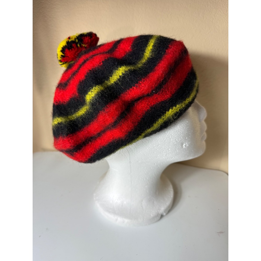 Wallace Wool Beret Hat Striped Red Black Yellow Pom Pom Made in Scotland